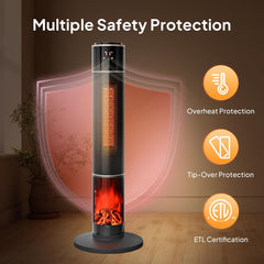 ROVSUN 1500W Electric Space Heater w/Remote & 3D Flame, 33" Portable Tower Heater w/Oscillating, Timer, Thermostat, Tip-over & Overheat Protection for Indoor Bedroom Living Room Large Room