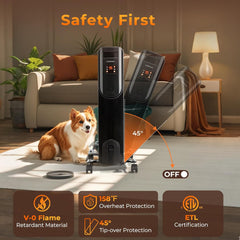 COSTWAY Oil Filled Radiator Heater, 1500W Electric Radiant Space Heater with Adjustable Thermostat, 3 Heat Settings, Overheat & Tip-Over Protection, Portable Heater for Home, Office & Indoor Use