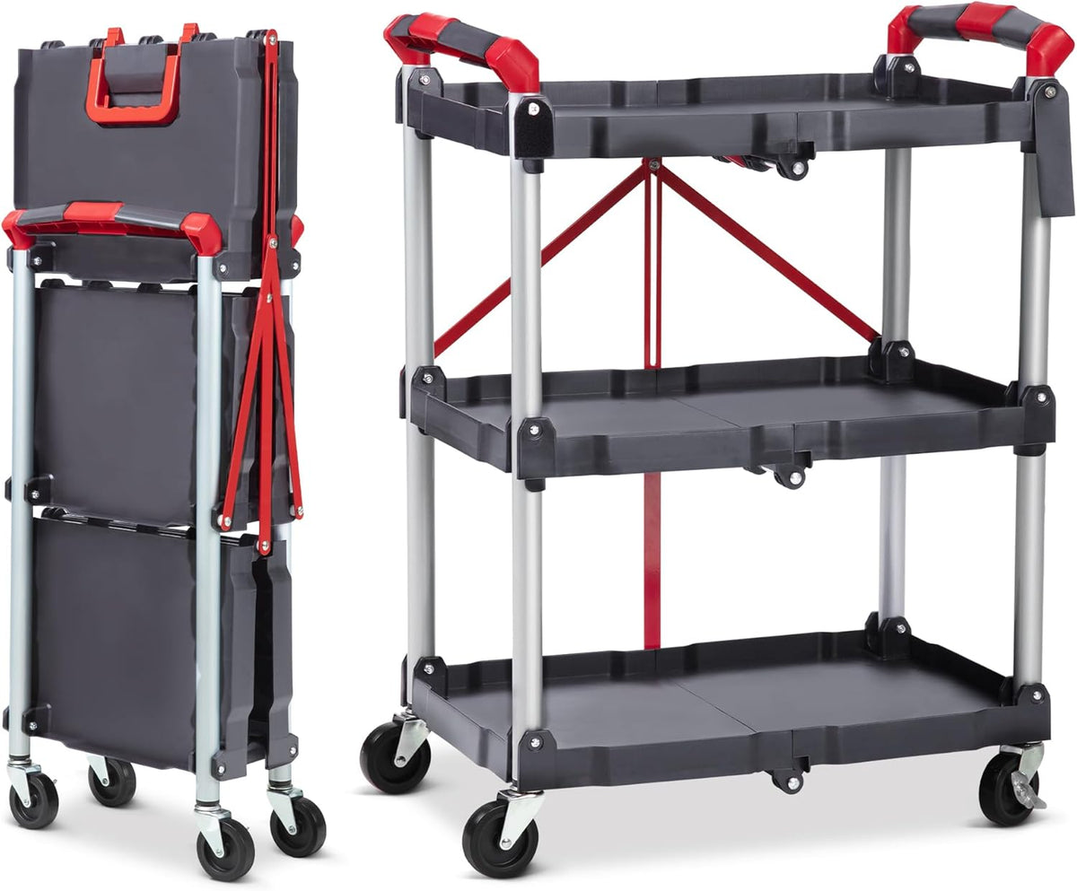 3-Tier Rolling Cart with Lockable Wheels, Heavy-Duty Foldable Utility Cart, 56Lbs Per Shelf Capacity, Space-Saving Kitchen & Office Organizer for Storage, Salon, Serving