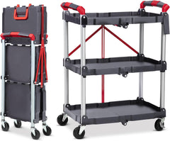 3-Tier Rolling Cart with Lockable Wheels, Heavy-Duty Foldable Utility Cart, 56Lbs Per Shelf Capacity, Space-Saving Kitchen & Office Organizer for Storage, Salon, Serving