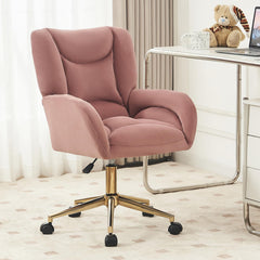 Green Velvet Office Chair,360 Swivel Makeup Chair with Gold Metal Base and Universal Wheels, Ergonomic Office Chair for Living Room, Bedroom, Office, Vanity Study (Pink +Teddy)