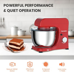 Electric Kitchen Stand Mixer: 380W 8-Speed Tilt-Head Household Food Mixer - 4.75-Qt 304 Stainless Steel Bowl with Cover & Egg Whisk & Dishwasher Safe Dough Hook & Flat Beater, Red