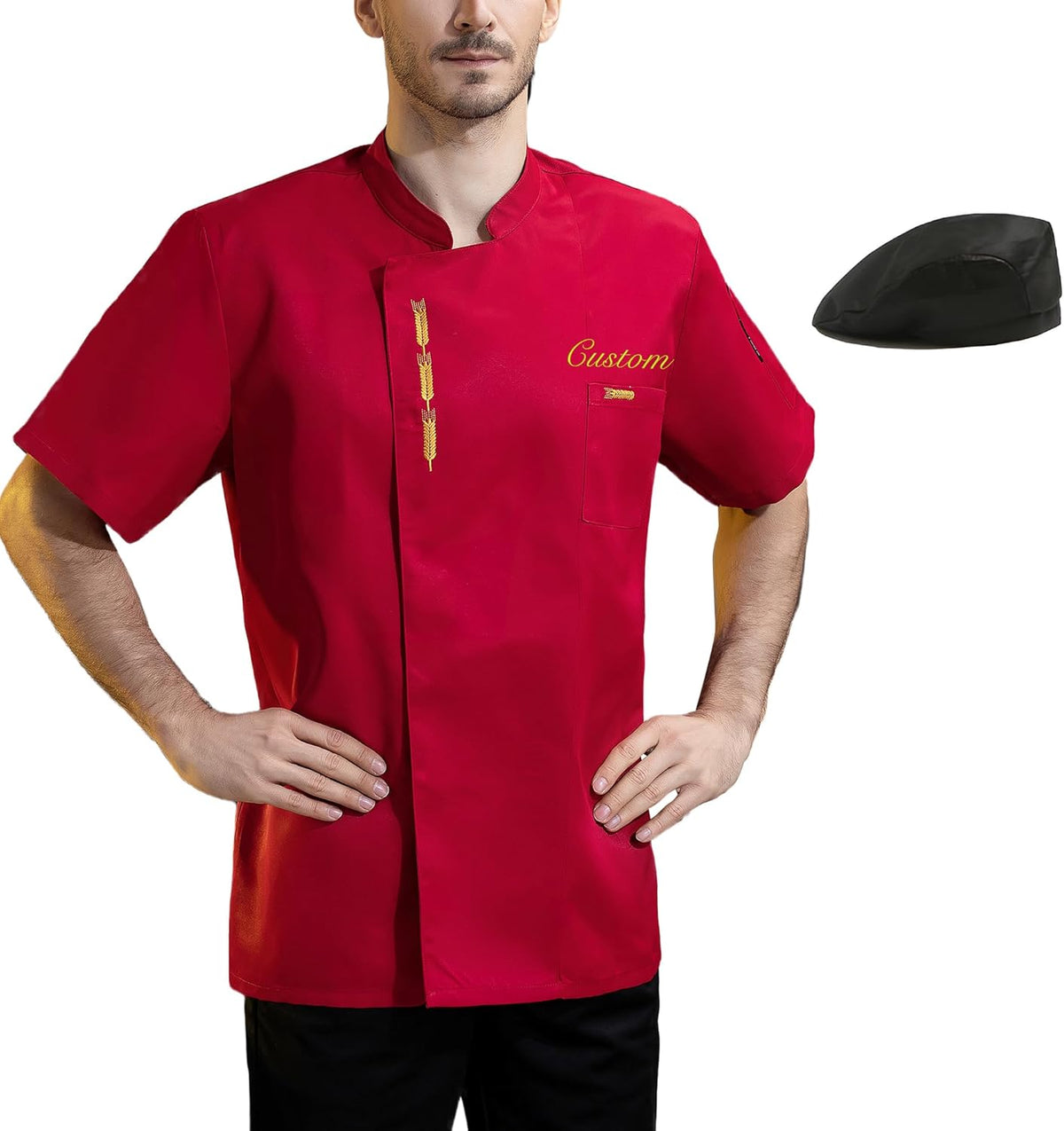 Personalized Chef Coat Embroidered Short Sleeves Chef Jacket Uniform with Chef Hat Set Customized Hotel Service Uniform