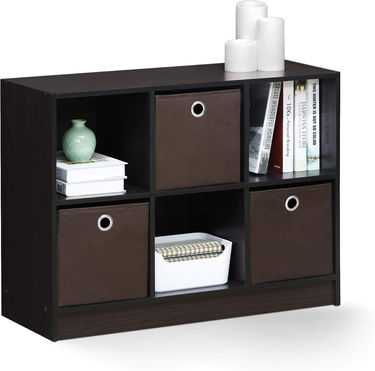 Furinno Basic 3x2 Bookcase Storage w/Bins, Light Cherry/Ivory