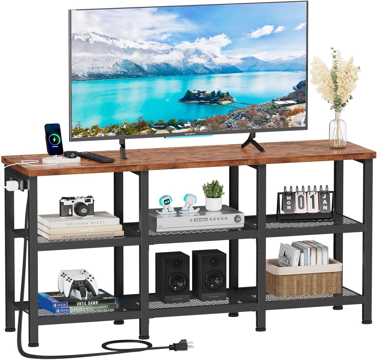 Furologee TV Stand, Small Media Console Table with 3-Tier Storage Shelves, Industrial Entertainment Center for TVs up to 50 Inch, Television Stands for Living Room, Bedroom, Rustic Brown