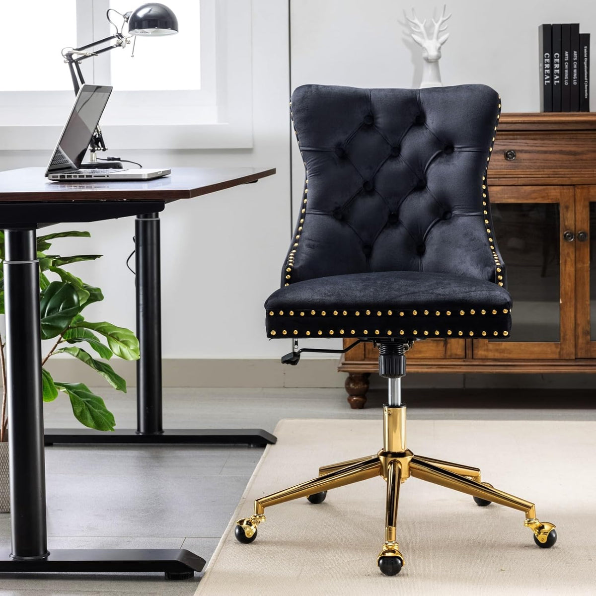 Office Chair Velvet Upholstered Tufted Button Chair with Golden Metal Base Adjustable Desk Chair Swivel Office Chair for Kitchen Living Room (Pink)