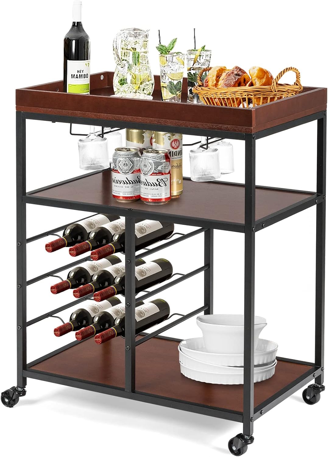 GORELAX Industrial Bar Cart, Trolley Cart with Wheels, Kitchen Storage Utility Cart w/ 9 Wine Rack & 2 Glass Holders, Coffee Cart Station, 3 Tier Rolling Cart for Party, Bathroom