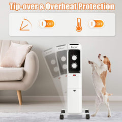 COSTWAY Oil Filled Radiator Heater, 1500W Electric Oil Heater with 3 Heating Mode, Adjustable Thermostat, Tip-Over and Overheat Protection, Portable Space Heater for Home Office Indoor Use (White)