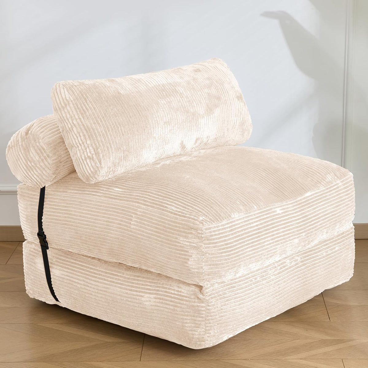 SHOUREN Folding Sofa Bed,Convertible Sleeper Chair Bed with Pillow,Foldable Futon Couch Mattress with Back Support,Portable Lazy Floor Sofa Lounger, Beige, Single