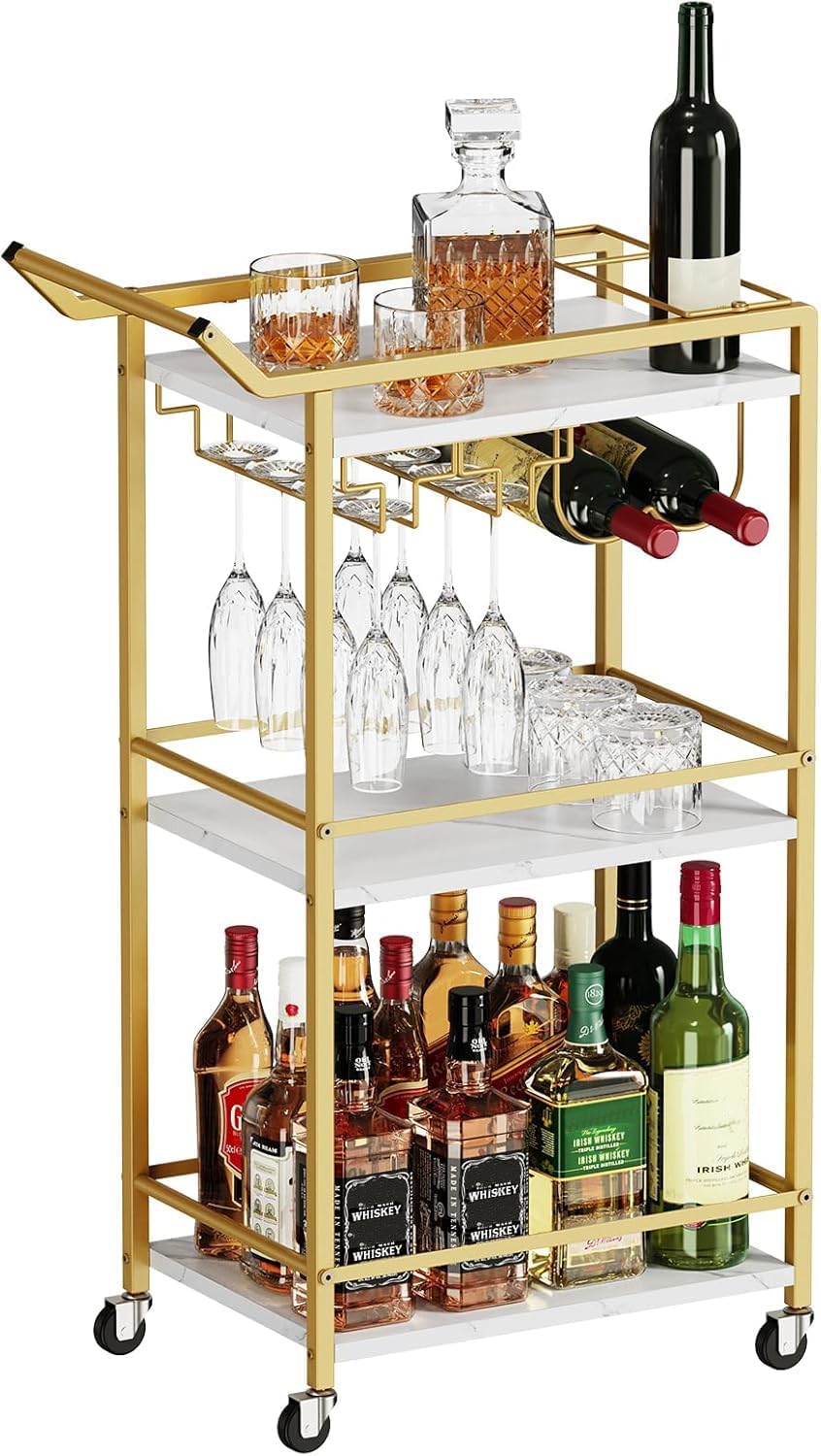 3 Tier Bar Cart, Mini Liquor Utility Cart for Wine Beverage Dinner Party, Rolling Wine Coffee Drink Serving Cart with Lockable Wheels for Home Kitchen Bars (11.8" D x 28.7" W x 35.4" H)