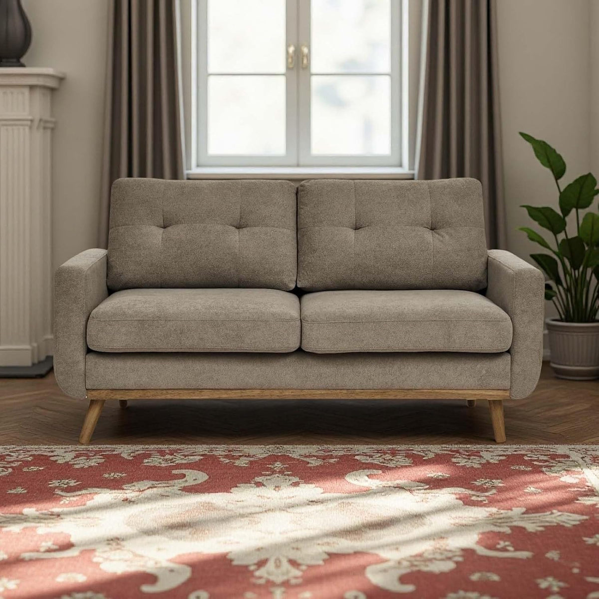 67.7" Mid-Century Modern Loveseat Sofa, 2-Seat Mini Upholstered Love Seat Couch, Comfy Small Couch with Wooden Legs and Tufted Back for Living Room Bedroom Office Apartment(Khaki)