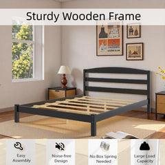 Full Size Bed Frame (78.5 inches), Black Solid Pine Frame with Low-Profile Curved Headboard, Wood Slats | Center Leg Support, No Box Spring Required, Easy Assembly for Bedrooms/Guest Rooms