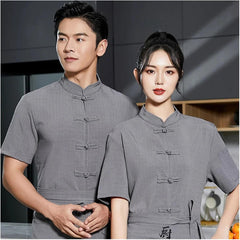 Chef Jacket Cotton Linen Restaurant Work Uniform Cooker Tee Tops Kitchen Baker Jacket Cook Waiter Work Wear