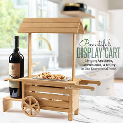 Wine Bottle Holder Stand with Snack Serving Tray - Tabletop Wooden Candy Cart and Nut Warmer Holds 1 Standard Wine Bottle, Dried Fruits, Nuts or Candies - Home Bar Decor Party Treat Gift
