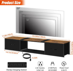 Floating TV Stand with Power Outlet Modern Wall Mounted TV Console Shelf Cabinet with Drawers for Under TV Storage, Entertainment Center, Living Room, Bedroom, Guest Room, Rustic Brown and Black