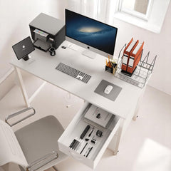 47.3" Modern Office Desk with Power Outlet, 3 Drawers & Side Pocket, Reversible Study Desk with Metal Frame, Adjustable for Home, Office, Computer, Game,Vanity Use,Easy Assembly (White)