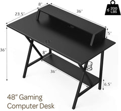 Hysache Gaming Computer Desk w/Cup Holder, Headphone Hook & Built-in Power Strip, Ergonomic Game Table, Home Office Desk Table Gamer Workstation, Black