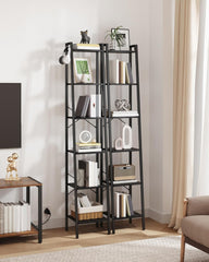 Ladder Shelf, Bookshelf Bookcase, Freestanding Corner Storage Shelve with 2 Hooks for Home Office, Living Room, Kitchen, Bedroom, Industrial, 5-Tier White BC03213W