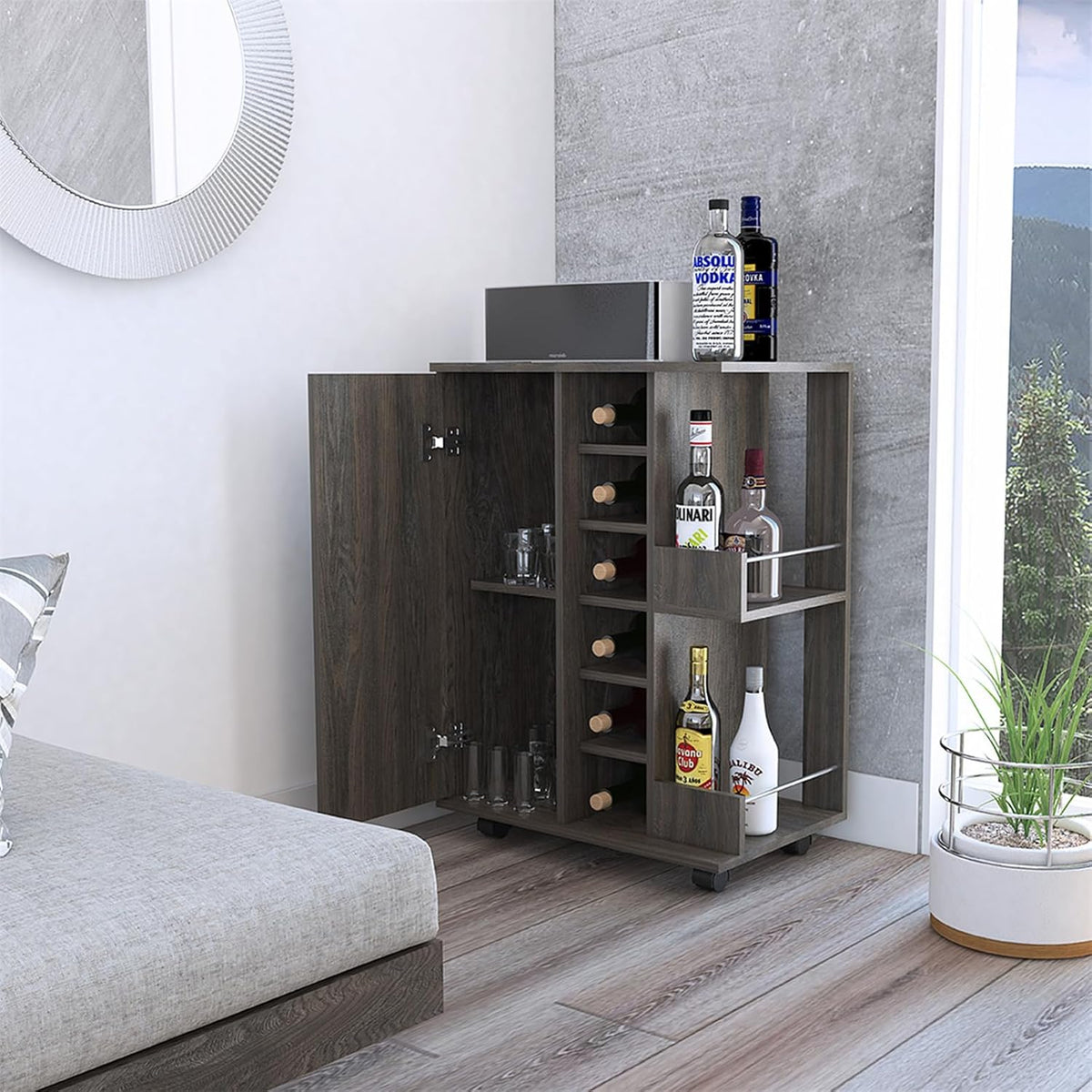 Bar Cart, Two External Shelves, Four Casters, Six Built-in Wine Rack, Single Door Cabinet -Espresso