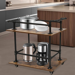 Wooden Partitions Bar Cart with Removable Hooks, Rustic Serving Beverage Trolley on 4 Universal Wheels, Industrial Durable Mobile Kitchen Shelf (3 Tier - 25.59 * 15.75 * 37 Inches)