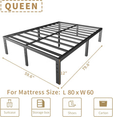 14 Inch Metal Bed Frame Queen Size No Box Spring Needed - Easy Assembly Heavy Duty Noise Free Narrow Bedframes - Double Black Basic Steel Slats Platform with Storage