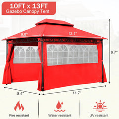 10x13 Gazebos Canopy Tent Double Vent Canopy Gazebo with 2 Sidewalls Translucent Windows Outdoor Heavy Duty Steel Patio Gazebo for Deck Backyard Lawn and Garden (Red)