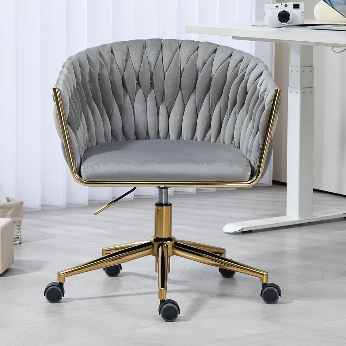 Velvet Office Chair with 360°Swivel, Modern Vanity Chairs with Height Adjustable for Men, Women, Home Office, Study Room, Vanity Room and High Desk, Grey
