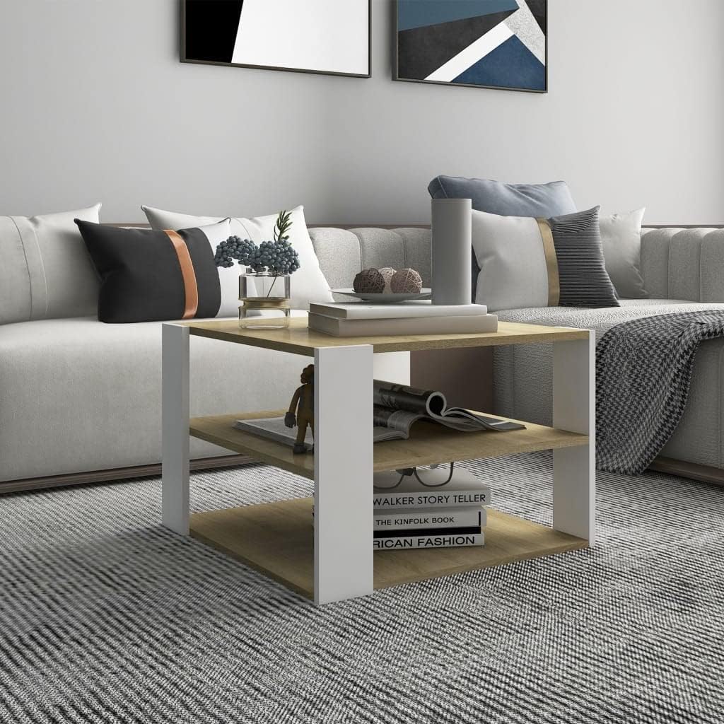 Coffee Table Sonoma Oak and White Engineered Wood Square Modern Dining Table Living Room Furniture end Tables Living Room for Indoor Office