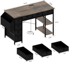 KEIKI 47 Inch Computer Desk with 7 Fabric Drawers, Small Home Office Desk with Power Outlets & USB Ports, Side Pocket & Storage Shelves, Modern Writing Desk Study Desk for Small Space, White