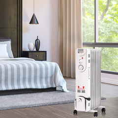 GOFLAME Oil Filled Radiator Heater with Wheels, 1500W Quiet Operation, Portable Home Office Space Heater with Adjustable Thermostat, Tip-over & Overheated Protection, 3 Heat Settings, Energy Saving
