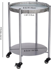 Round Coffee Table with Wheels, 2-Tier Movable Side Table in Silver Gray with Detachable Metal Frame, Perfect for Living Room Organization, Bedroom Nightstand Use, and Balcony Plant Display
