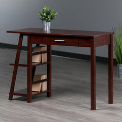 Writing Desk with Bookshelves - Small Space Desk, Walnut Finish, Center Drawer, Home Office Desk