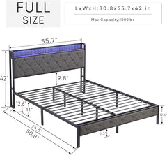 LED Bed Frame, Full Bed Frame with Storage Headboard, Upholstered Platform Bed with Charging Station, Lights, Heavy Metal Slats, No Box Spring Needed, Noise Free, Easy Assembly, Gray