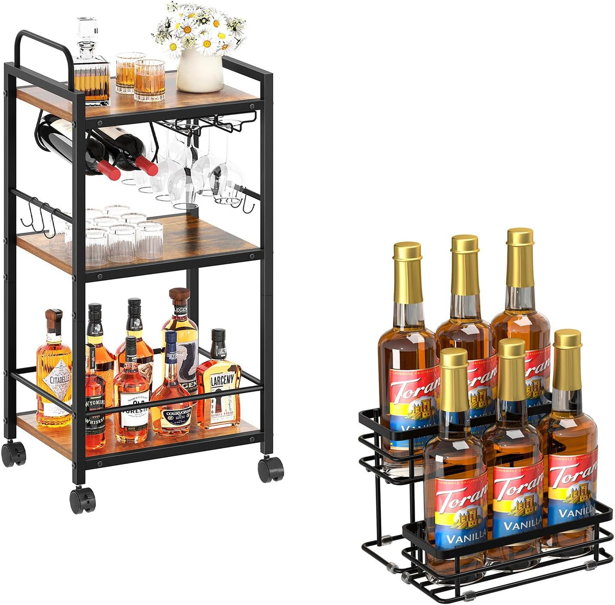 Bar Cart for The Home, 3 Tier Kitchen Carts with Wheels, Small Rolling Cart with Glass Holders, 6 Bottle Coffee Syrup Organizer Rack, 2 Tier Spice Rack Organizer