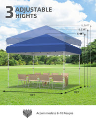 10x10 Pop Up Canopy with One Button Push Setup - Heavy Duty Outdoor Canopy Tent with Portable Roller Bag - 3 Adjustable Height, 4 Weight Bags, 8 Stakes & 4 Guy Ropes Included, Blue