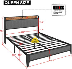 Full Bed Frame with Upholstered Headboard, Full Platform Bed with Charging Station, Metal Slats Support, No Box Spring Needed, Noise-Free, Easy Assemble (Light Grey, Full)