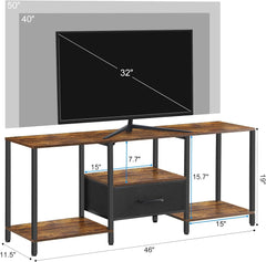 PINPON 46" TV Stand with Manual LED Lights & Fabric Drawer, 3-Tier Storage Media Console for 55" TV, Adjustable Feet, Rustic Brown Entertainment Center for Living Room/Bedroom
