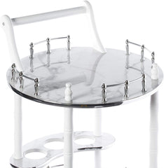 Bold Tones Round Wood Serving Bar Cart Tea Trolley with 2 Tier Shelves and Rolling Wheels, Silver, White and Gray