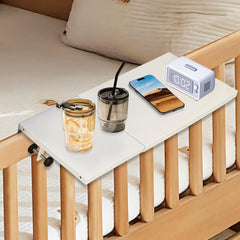 Bedside Shelf for Bed, College Dorm Room Essentials Clip On Nightstand Tray with Adjustable Hooks Retractable Bedside Table Tray Storage Rack Carbon Steel Table Caddy for Bunk & Loft Beds