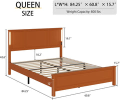 Queen Size Bed Frame with Wood Headboard & Footboard, Solid Wooden Platform Bed with Charging Station and LED Lights, No Box Spring Needed (Antique Brown, Queen)
