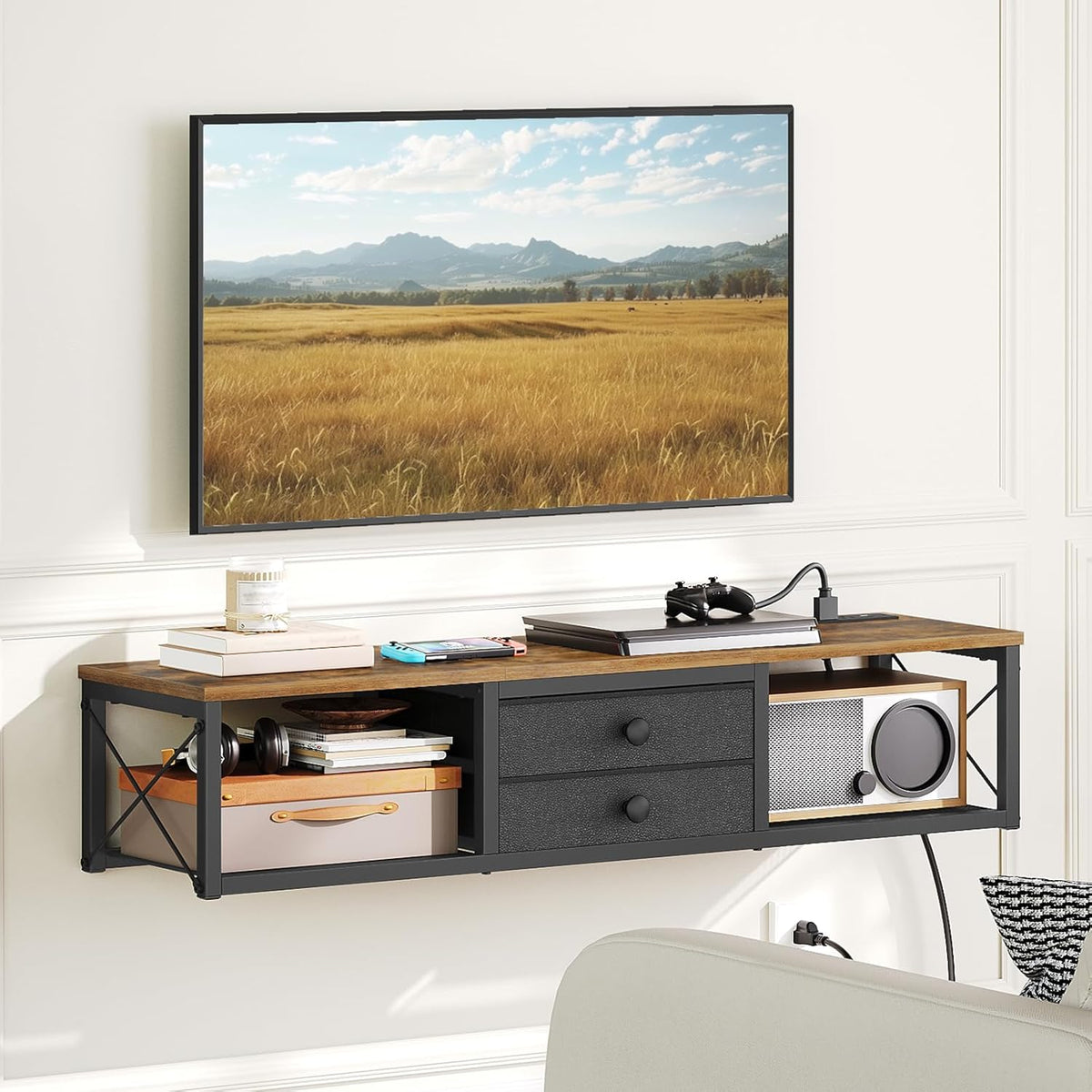 Floating TV Stand with Power Outlet, Wall Mounted Media Console for TVs up to 50 Inch, Entertainment Center with Storage, for Living Room, Bedroom, Rustic Brown and Black DS04UBR