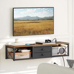 Floating TV Stand with Power Outlet, Wall Mounted Media Console for TVs up to 50 Inch, Entertainment Center with Storage, for Living Room, Bedroom, Rustic Brown and Black DS04UBR
