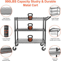 Heavy Duty Utility Cart, 990Lbs Capacity 3 Tier Rolling Carts with Wheels, Kitchen Cart on Wheels with Storage, Commercial Grade Metal Serving Carts with Wire Shelving &Handle Bar, Black