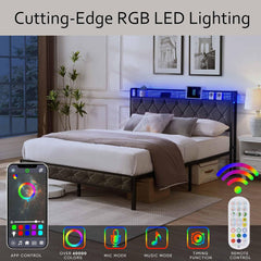 LED Bed Frame, Full Bed Frame with Storage Headboard, Upholstered Platform Bed with Charging Station, Lights, Heavy Metal Slats, No Box Spring Needed, Noise Free, Easy Assembly, Gray