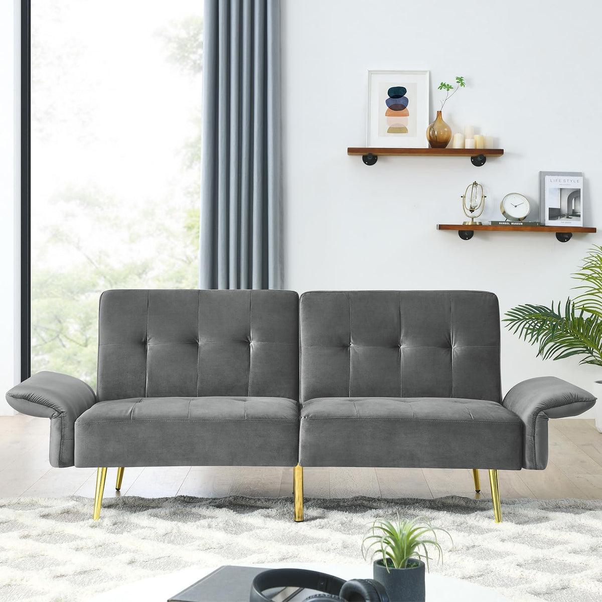 78" Velvet Futon Sofa Bed, Modern Convertible Sleeper Couch Bed with Folded Armrests, Side Pokets, Velvet 2-Seat Futon Sofa, Memory Foam Loveseat for Living Room Small Space Studio Apartment (Navy)