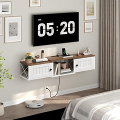 Farmhouse Floating TV Stand with Power Outlet, Wall Mounted Entertainment Center with Doors, Media Console Cabinet with Storage, for Living Room, Bedroom, White and Walnut TVBZ401E01