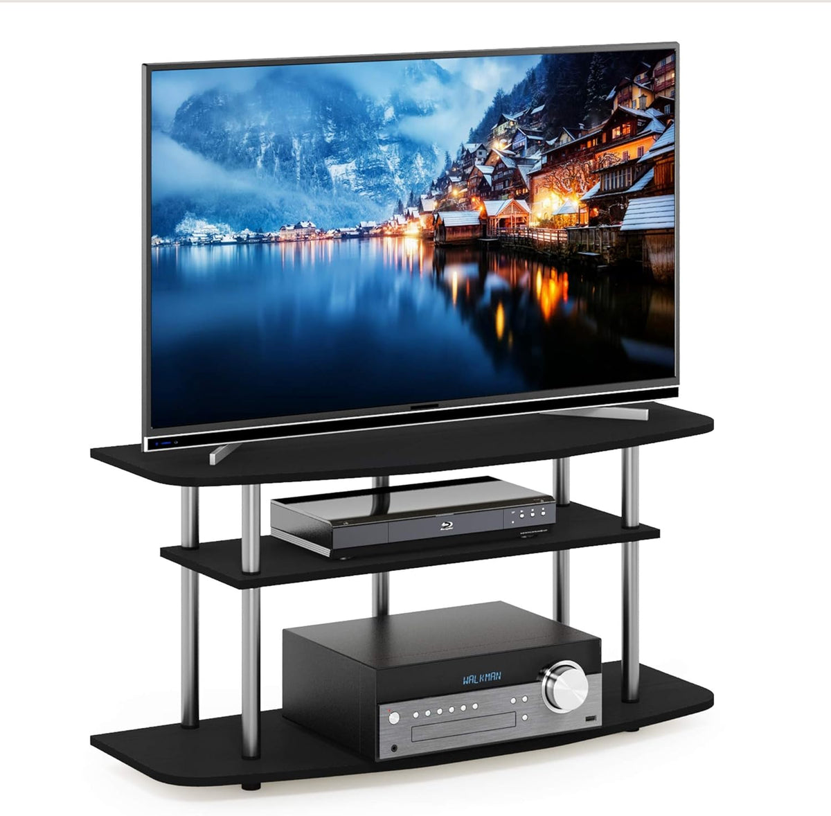 Furinno Turn-N-Tube No Tools 3-Tier Entertainment Center TV Stand for TV up to 32 Inch with Stainless Steel Tubes, White Oak/Chrome