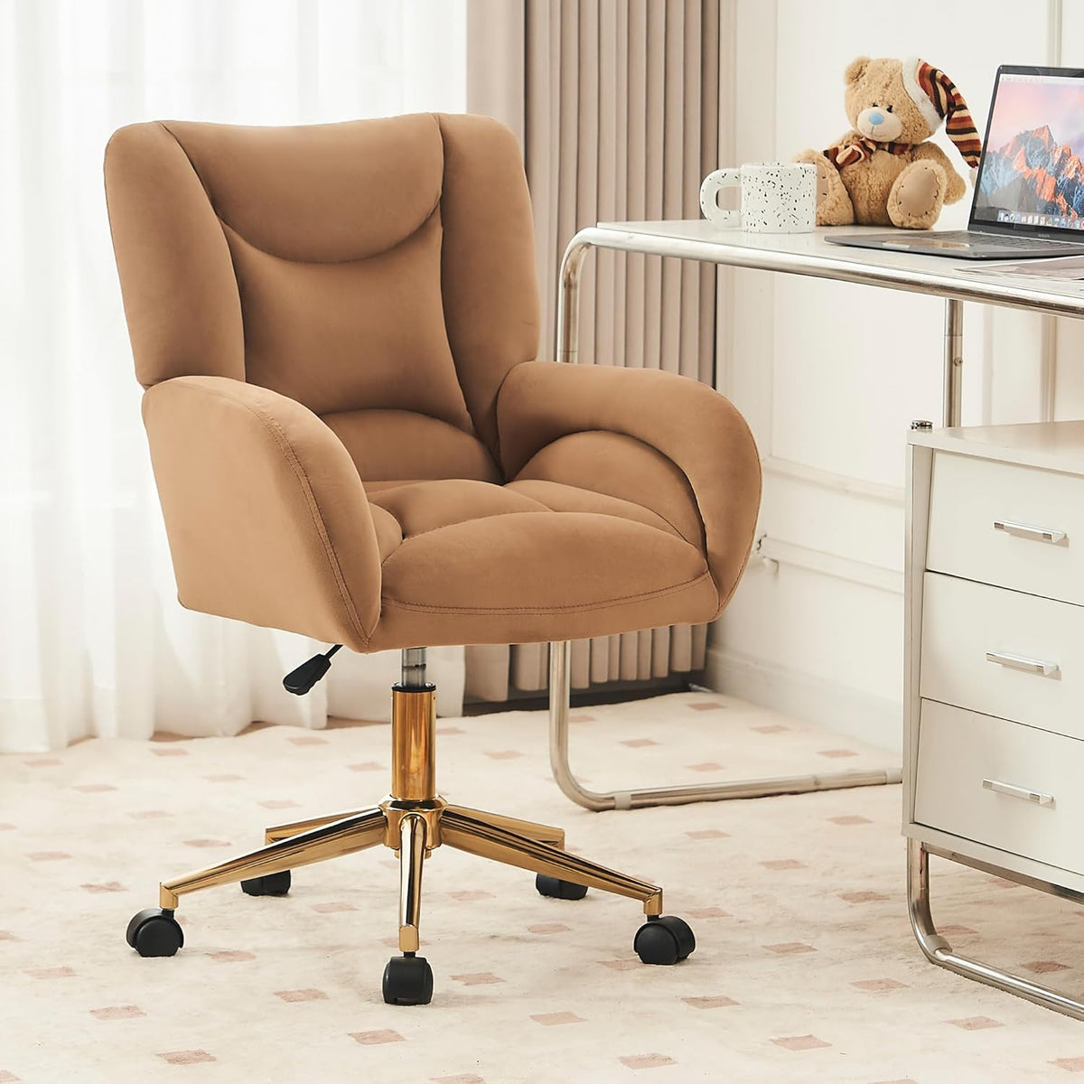 Velvet Office Desk Chair for Home Office, Makeup Vanity Chair for Bedroom Modern Swivel Rolling Chair for Women, Adjustable Height, Velvet Fabric 360 Swivel Home Office Chair (Ivory)