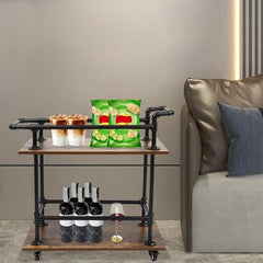 Wooden Partitions Bar Cart with Removable Hooks, Rustic Serving Beverage Trolley on 4 Universal Wheels, Industrial Durable Mobile Kitchen Shelf (3 Tier - 25.59 * 15.75 * 37 Inches)