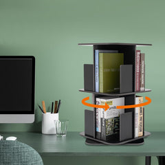 360° Rotating Bookshelf, Small Corner Bookshelf for Small Space, 2 Tier Standing Bookcase Storage Rack, Wooden Narrow Bookcase Organizer with Square Base for Bedroom, Living Room (White)